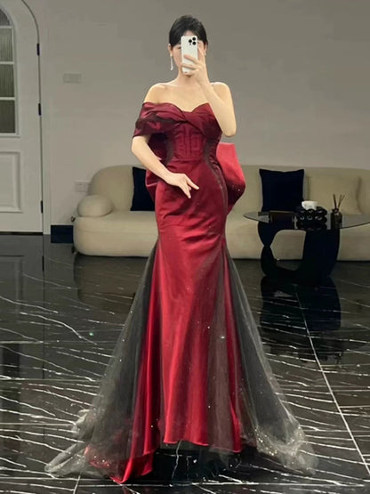 Classy Mermaid Off The Shoulder Burgundy Long Party Dress Satin Prom Dresses SD1467