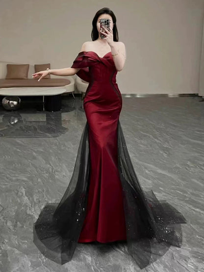 Classy Mermaid Off The Shoulder Burgundy Long Party Dress Satin Prom Dresses SD1467