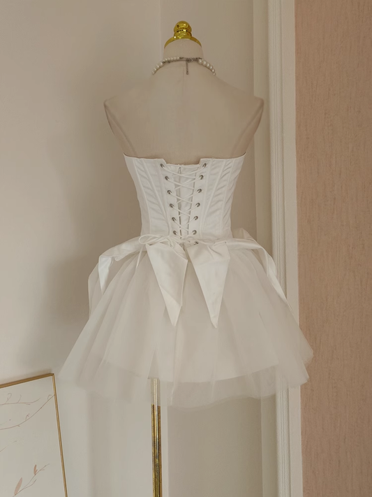 Cute A line Strapless White Travel Vacation Dresses Short Satin Birthday Dress SD148
