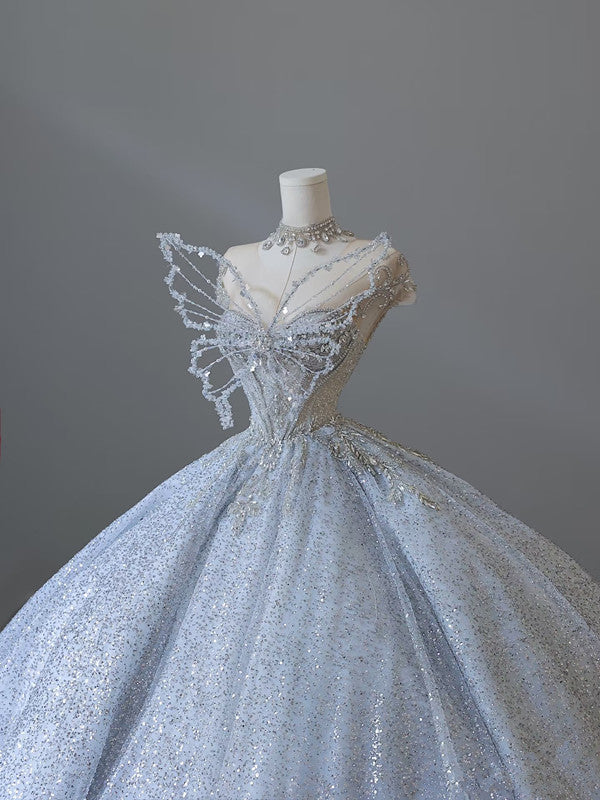Fairytale Ball Gown Strapless Neckline Sequin Light Sky Blue Long Wedding Dresses Brides Dress SD1656