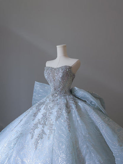 Princess Ball Gown Strapless Neckline Long Sequin Light Sky Blue Long Wedding Dresses Brides Dress SD1658