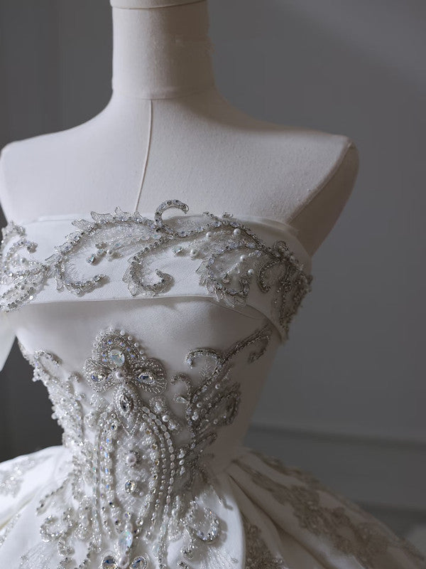 Princess Ball Gown Strapless Sleeveless Pleats White Satin Wedding Dress Bridal Dresses SD1667