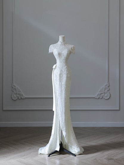 Princess Sheath High Neckline White Sequin Long Wedding Dresses Brides Dress SD1669