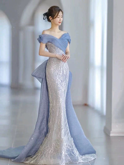 Classy Mermaid Off The Shoulder Blue Sequin Long Party Dress Prom Dresses SD1826