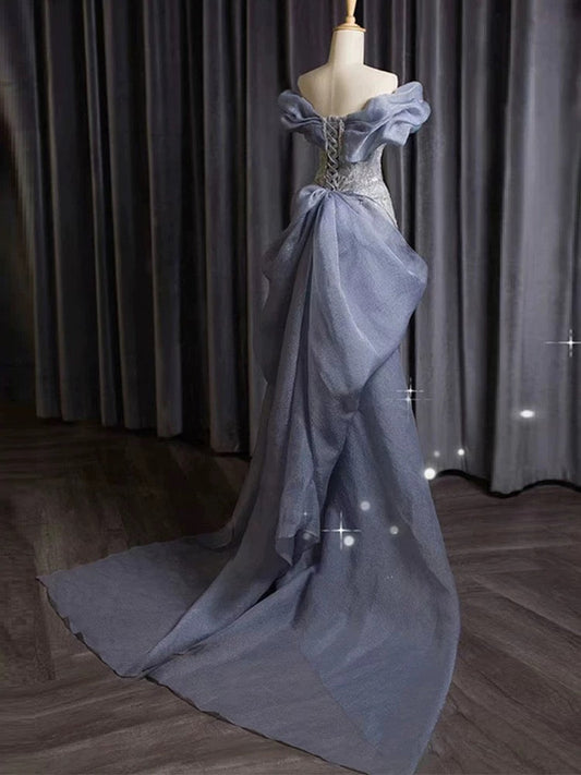 Classy Mermaid Off The Shoulder Blue Sequin Long Party Dress Prom Dresses SD1826