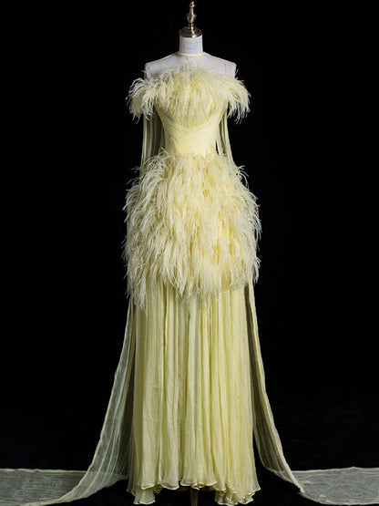 Aesthetic A line Off The Shoulder Yellow Chiffon Party Dress Long Prom Dress Evening Dresses SD1840