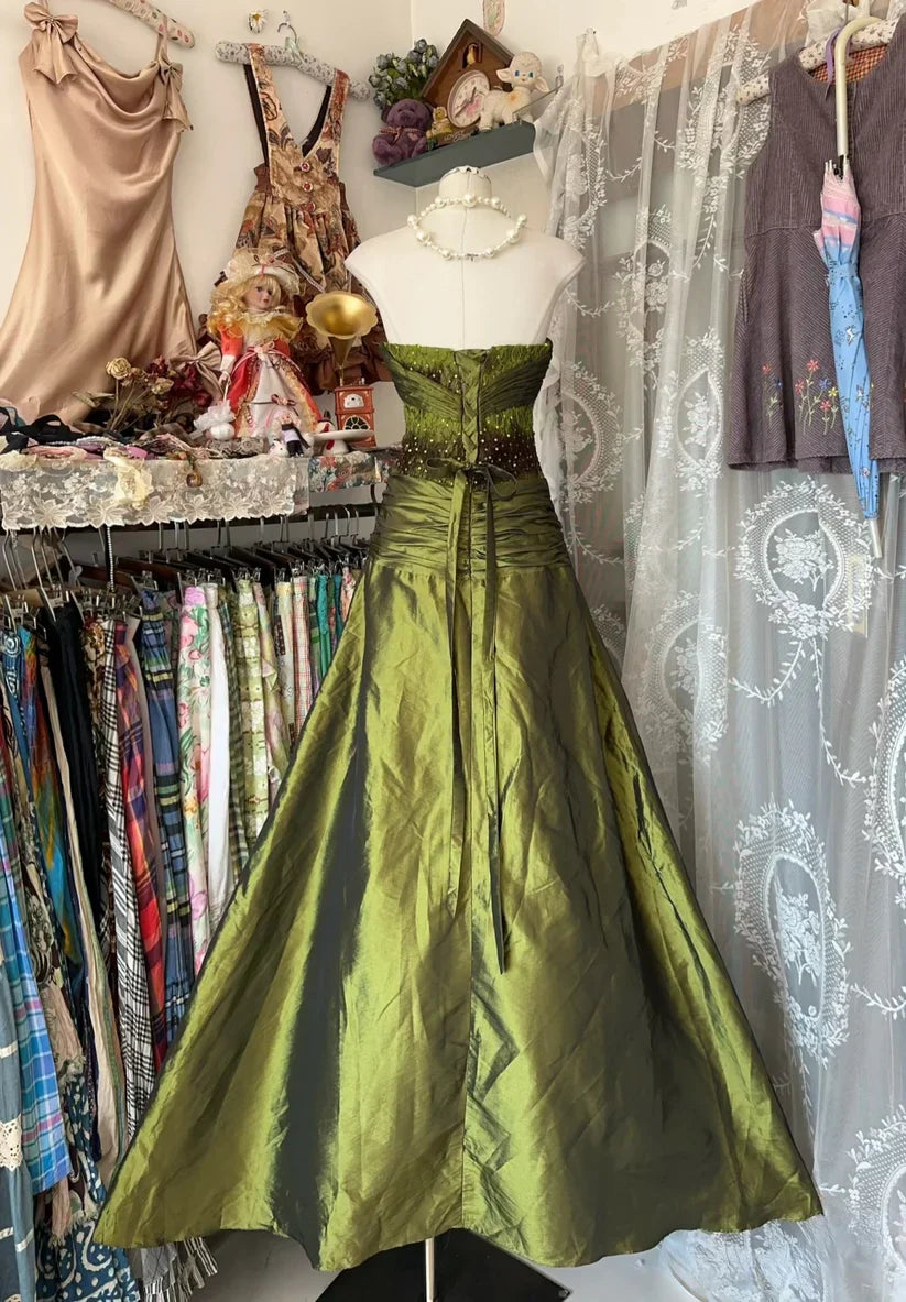Olive Green Elegant Exquisite Beading Long Satin Vintage Fashion Mermaid Off-the-shoulder Floor-length Evening Gown Ball Gown Prom Dress Ball Gown gh3813