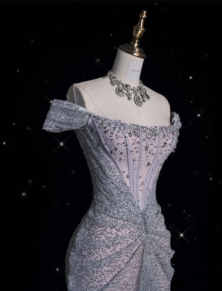Gorgeous Mermaid Off Shoulder Sequined Long Ball Gown Formal Evening Gown Wedding Dress gh4380