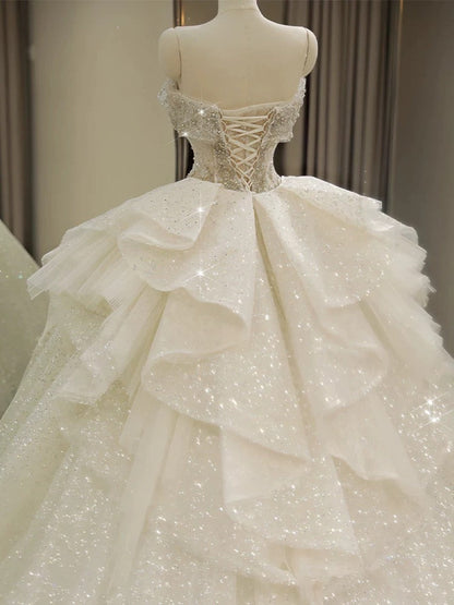 Unique Ball Gown Off The Shoulder Sequin Short Sleeves White Wedding Dresses Brides Dress SD1947