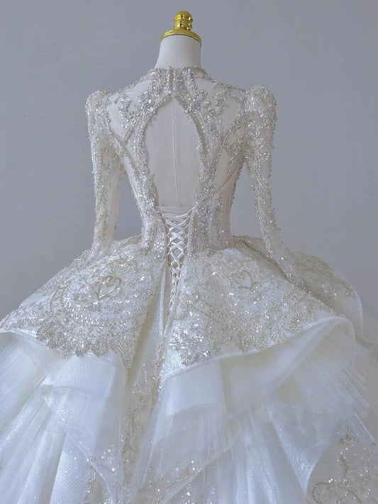 Timeless Ball Gown Scoop Long Sleeves Lace White Wedding Dresses Brides Dress SD1961