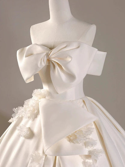Timeless Ball Gown Off The Shoulder Short Sleeves Satin White Wedding Dresses Brides Dress SD1965