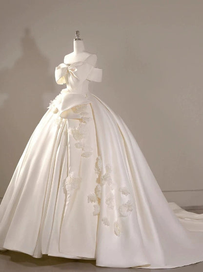 Timeless Ball Gown Off The Shoulder Short Sleeves Satin White Wedding Dresses Brides Dress SD1965