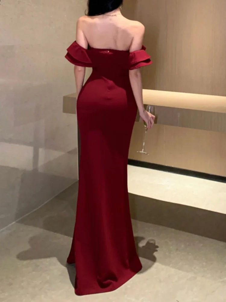 Mermaid Off The Shoulder Floor-length Burgundy Satin Slit Prom Dresses SD2005