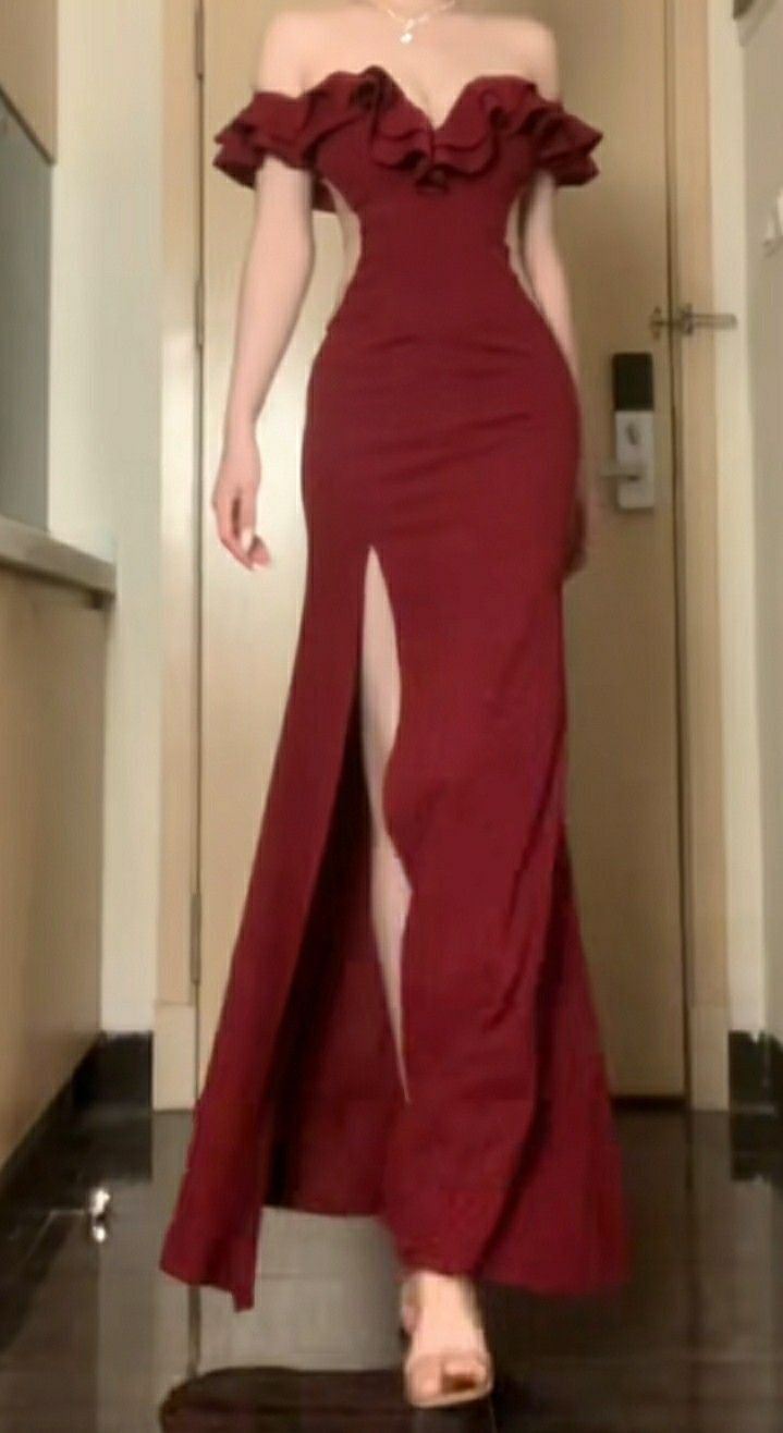 Mermaid Off The Shoulder Floor-length Burgundy Satin Slit Prom Dresses SD2005