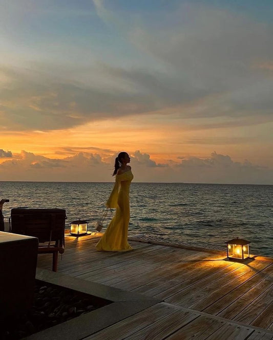 Classy Mermaid Off The Shoulder Yellow Long Sleeves Evening Dress Prom Dresses SD2061