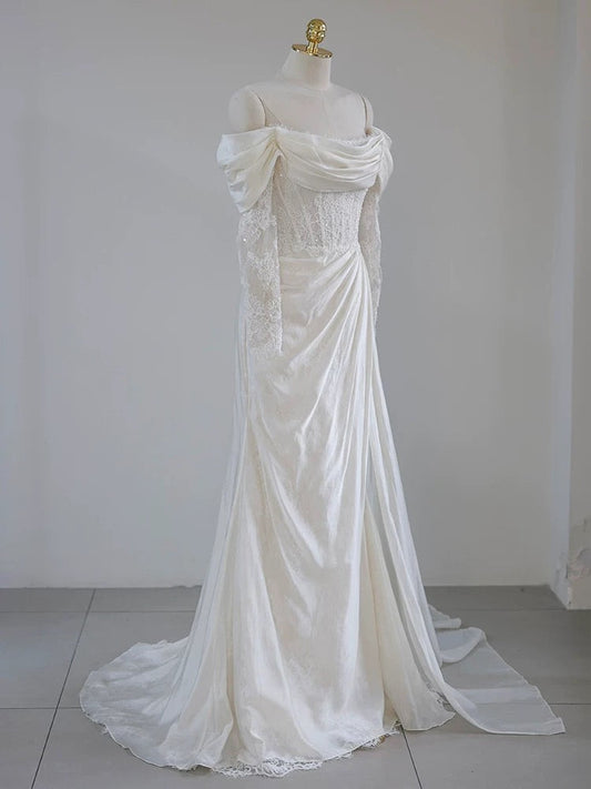 Unique Mermaid Off The Shoulder Pleats Satin Long Sleeves Wedding Dresses Brides Dress SD2101