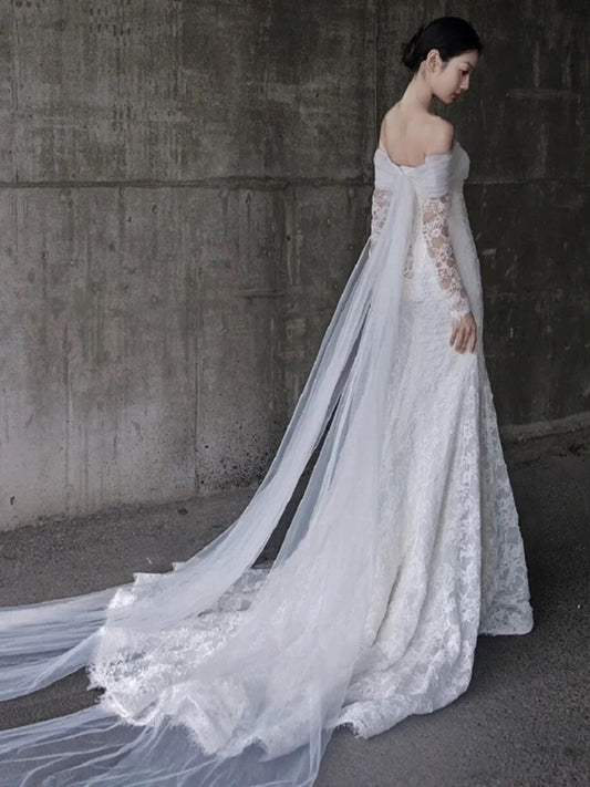 Timeless Mermaid Off The Shoulder Long Sleeves White Lace Wedding Dresses SD2122