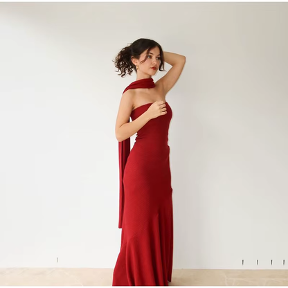 Pretty Mermaid Spaghetti Straps Floor Length Red Prom Dress Evening Dress Formal Dress With Ribbon SD2194