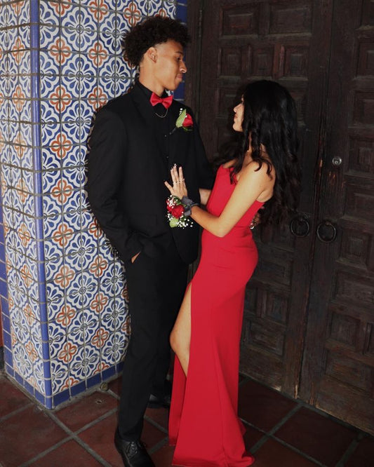 Sexy Mermaid Strapless Slit Red Prom Dresses Long Party Dress SD2286