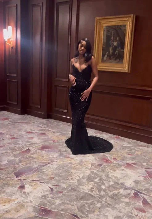 Sexy Black Glittering Sequined Beaded Sweetheart Strapless Mermaid Floor-length High Slit Prom Dress Evening Dress TP4322