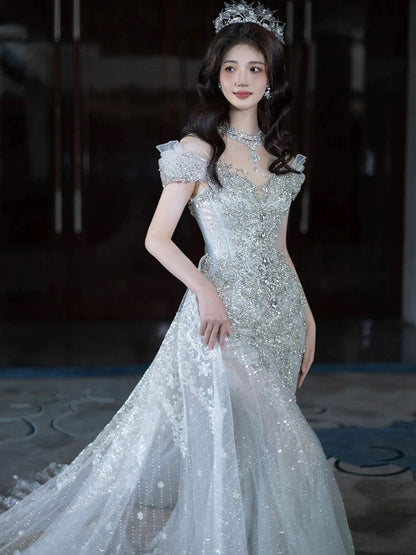 Pretty Mermaid Off The Shoulder Tulle Silver Beads Long Prom Dresses Formal Evening Dress SD2311
