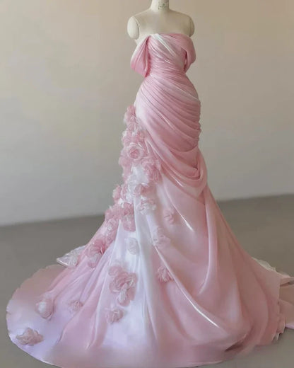 Pink gorgeous exquisite floral mermaid slim strapless long tulle floor-length ball gown evening wedding dress gh3396