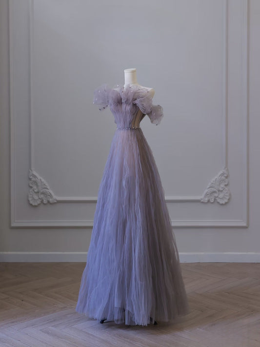 Pretty A line Off The Shoulder Light Grape Tulle Long Prom Dresses Evening Gowns SD2321