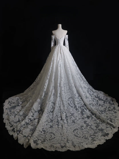 Timeless A line Off The Shoulder White Lace Long Sleeves Wedding Dresses Bridal Dress SD2327