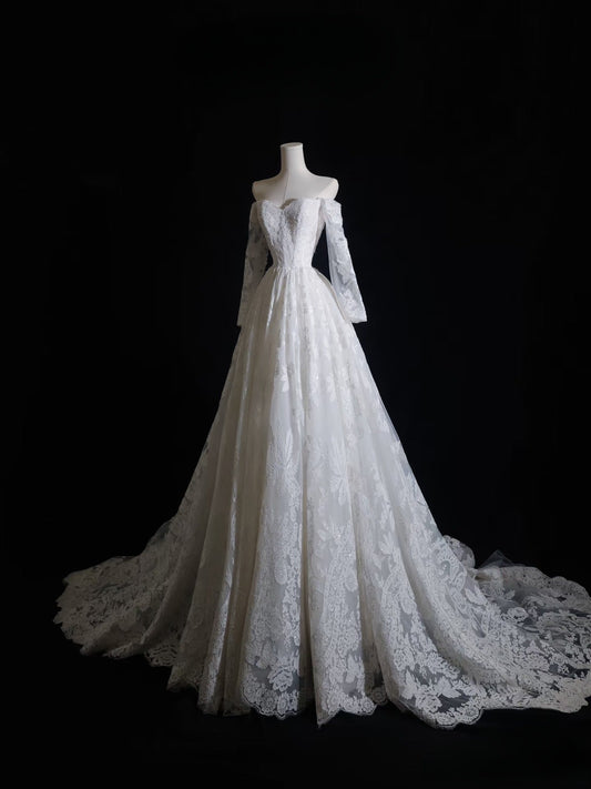 Timeless A line Off The Shoulder White Lace Long Sleeves Wedding Dresses Bridal Dress SD2327