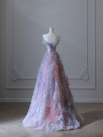 Pretty A line Strapless Tulle Long Prom Dress Formal Evening Dresses