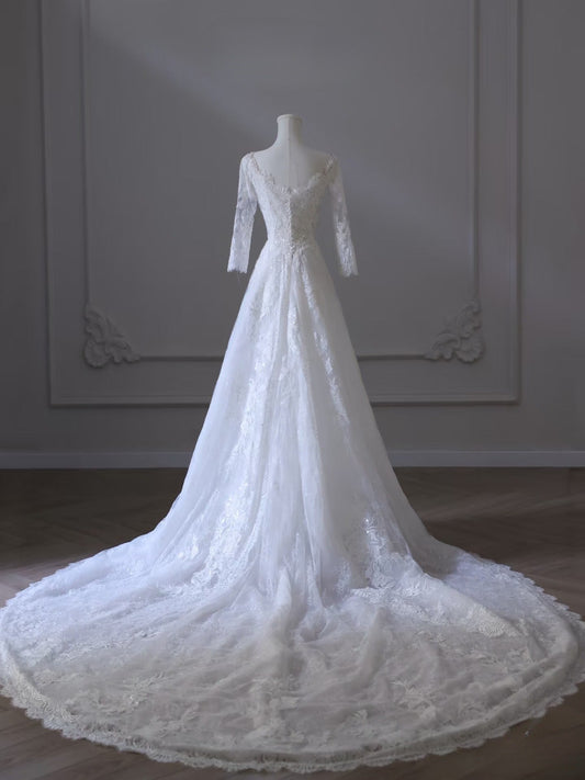 Timeless A line V Neckline White Lace Long Sleeves Wedding Dresses Bridal Dress SD2339