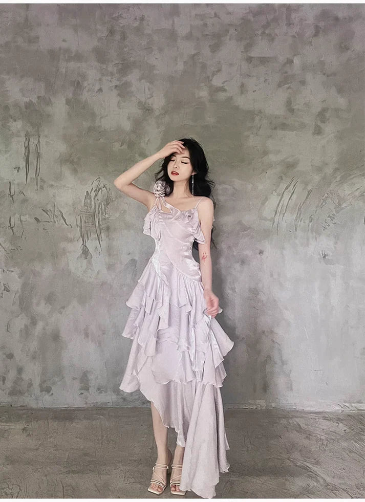 Pretty Irregular Ruffle Spaghetti Straps Light Purple Prom Dresses With Flower Long Birthday Dress SH2897