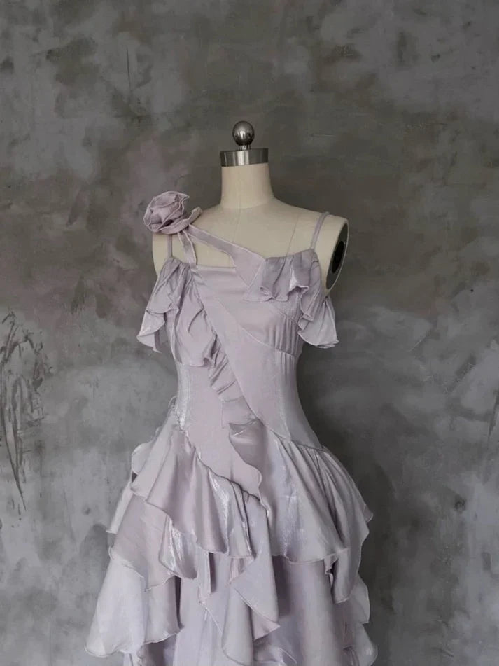 Pretty Irregular Ruffle Spaghetti Straps Light Purple Prom Dresses With Flower Long Birthday Dress SH2897