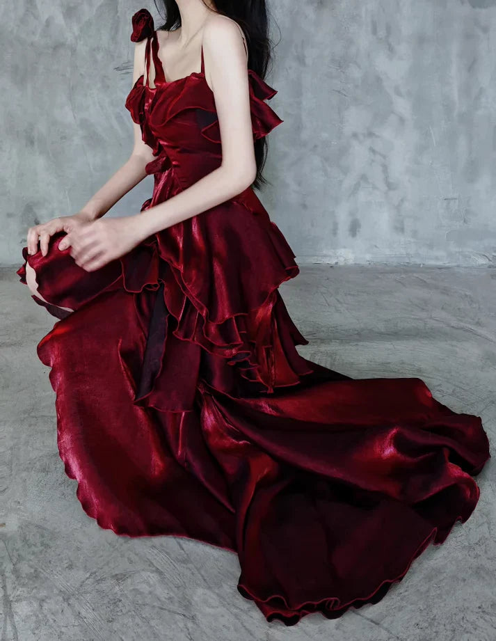 Pretty Irregular Ruffle Spaghetti Straps Burgundy Prom Dresses With Flower Long Birthday Dress SH2896