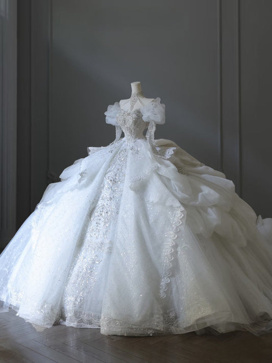 Timeless Ball Gown Off The Shoulder White Lace Long Sleeves Wedding Dresses Bridal Dress SD2471