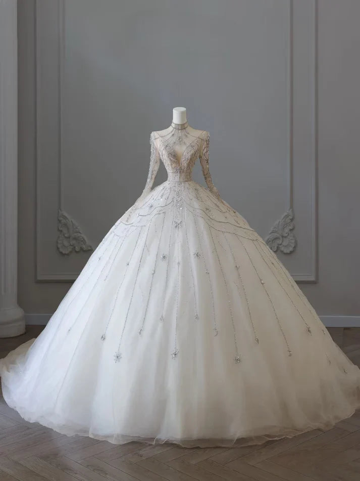 Vestido de novia estilo princesa vintage con cuentas brillantes, corte A y manga larga TP4102