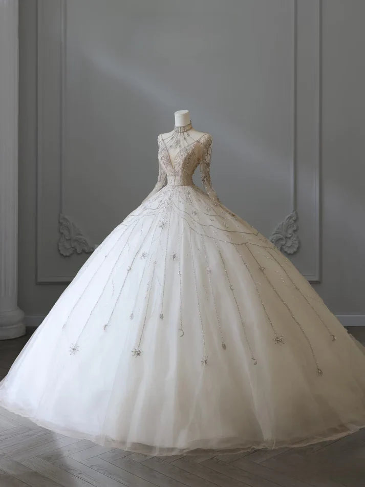 Vestido de novia estilo princesa vintage con cuentas brillantes, corte A y manga larga TP4102