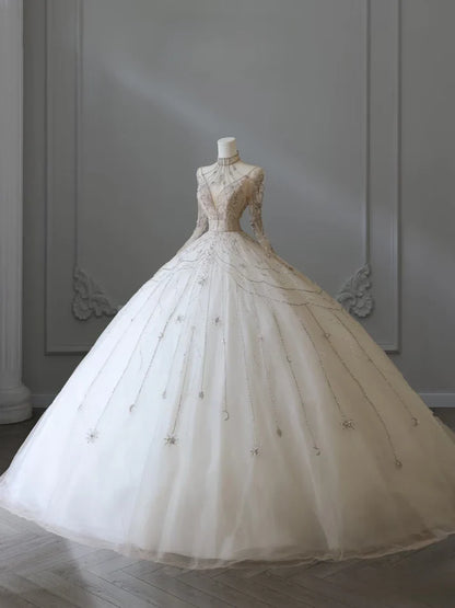 Vestido de novia estilo princesa vintage con cuentas brillantes, corte A y manga larga TP4102