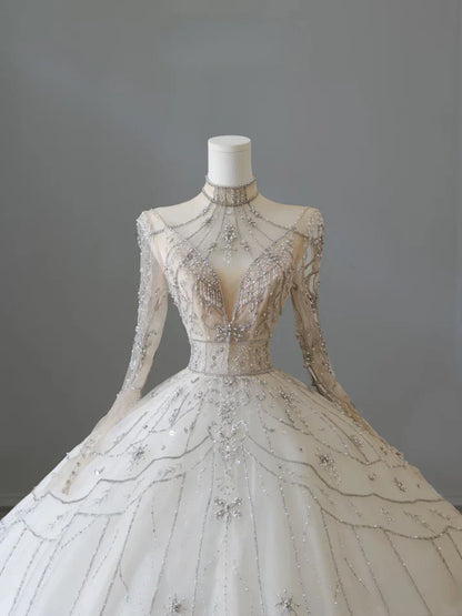 Vestido de novia estilo princesa vintage con cuentas brillantes, corte A y manga larga TP4102