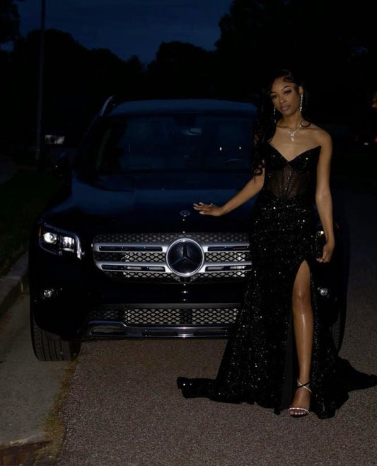 Vestido de fiesta negro con abertura y corte sirena, brillante y sin tirantes, D2529