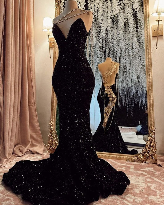 Vestido de fiesta negro con lentejuelas y escote corazón, sirena brillante y abertura, D2531