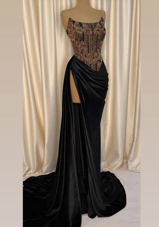 Vestido de fiesta negro con abertura y corte sirena, sin tirantes, brillante, para niña negra, D2534