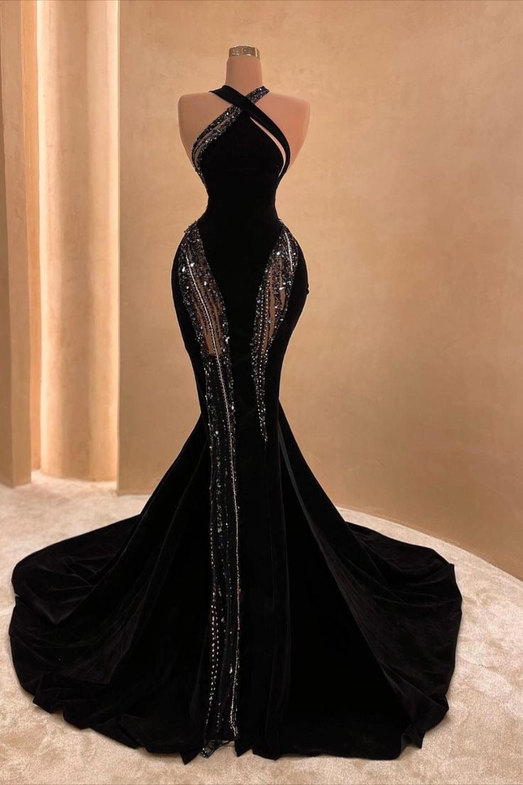 Vestido de fiesta largo negro con cuello halter y cuentas, estilo sirena brillante, D2537