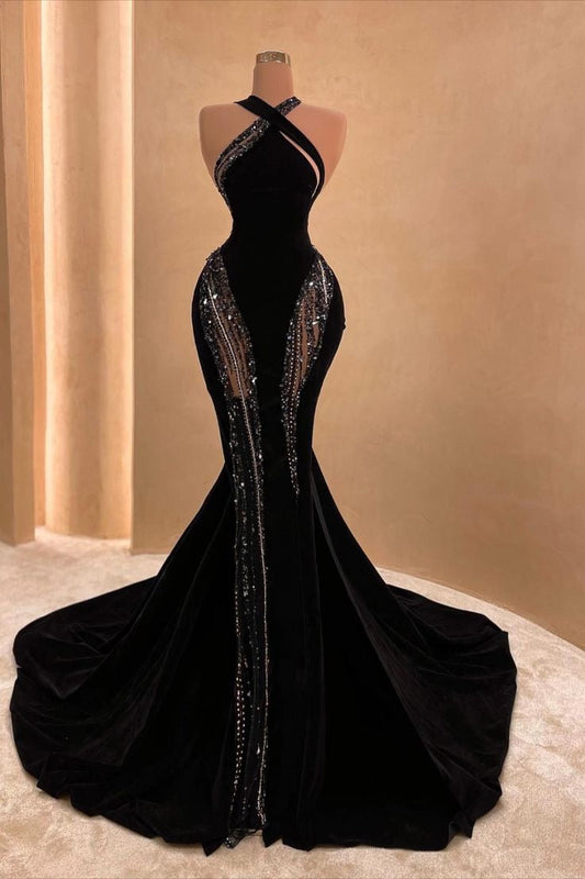 Vestido de fiesta largo negro con cuello halter y cuentas, estilo sirena brillante, D2537