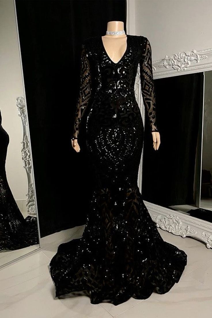 Gorgeous Mermaid V Neck Black Sequin Long Sleeves Birthday Dress Prom Dress Graduation Dresses D2562