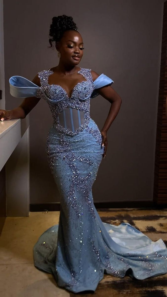 Vestido largo azul con lentejuelas y escote corazón de sirena, sexy, para cumpleaños, graduación, D2570
