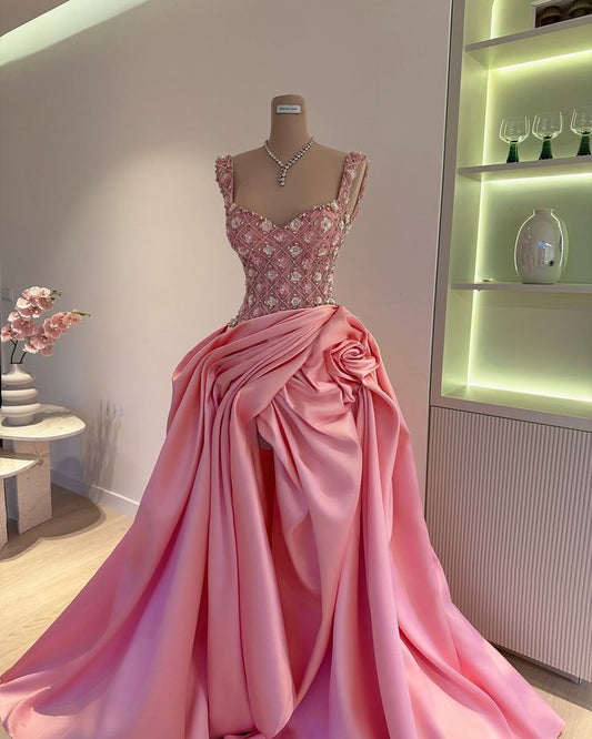 Vestido de fiesta sexy con tirantes finos, satén rosa, volantes, largo, para cumpleaños, graduación, D2571