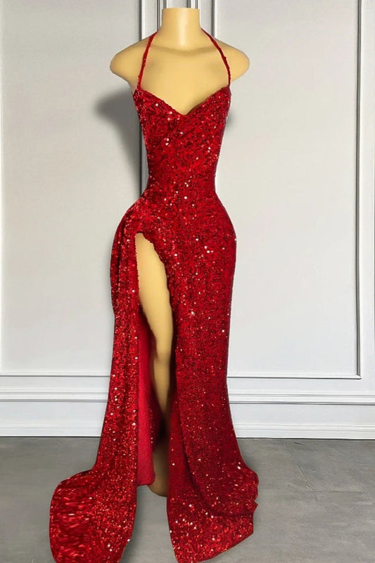 Vestido largo de sirena con cuello halter y lentejuelas rojas, sexy, para cumpleaños, graduación, D2576