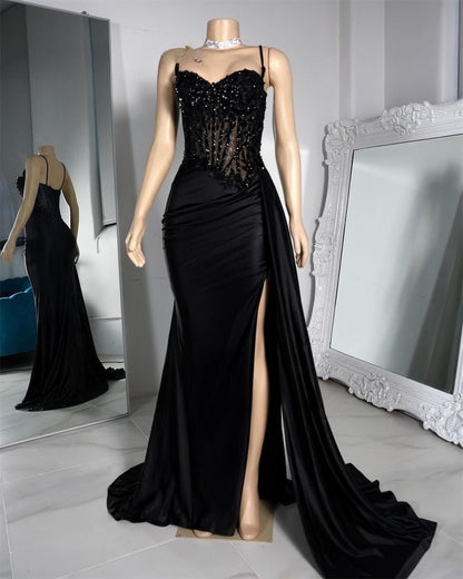 Hermoso vestido de fiesta de satén negro con tirantes de sirena y abertura para cumpleaños número 23, ideal para mujer, D2587