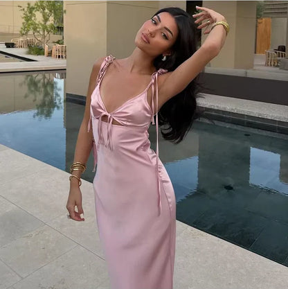 Vestido largo de satén rosa con tirantes finos, sexy, para cumpleaños, graduación, D2589